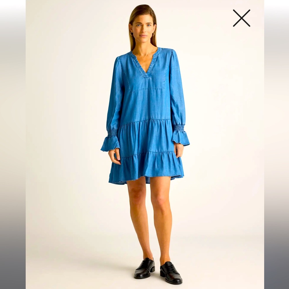 QUINCE Chambray Tencel Tiered Long Sleeve Mini Dress Size S